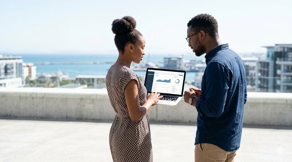Two entrepreneurs reviewing business analytics on a laptop